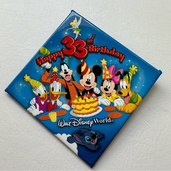 Walt Disney World Button Pin Square Happy 33th Birthday Mickey Minnie - Picture 1 of 5